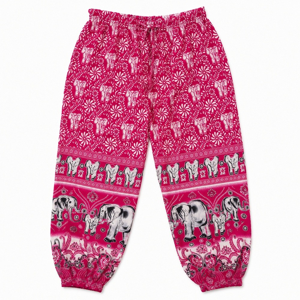 Pink Elephant Print Harem Pants Boho Elastic Waist Yoga Lounge Maximalist M/L